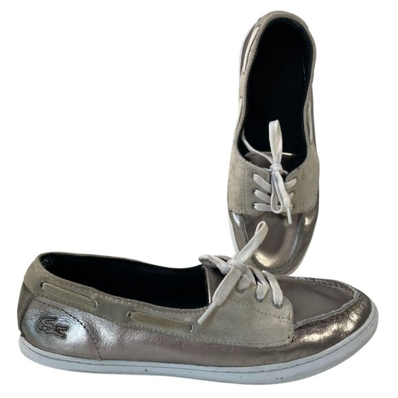 Lacoste Loafers Womens 7.5 Ziane Silver Boat Shoes Metallic Slip On Leather Prep - Picture 1 of 10